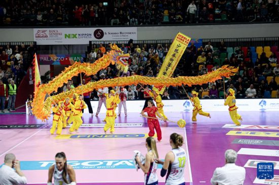 意大利排球比赛场上演舞龙舞狮 庆祝中国龙年
